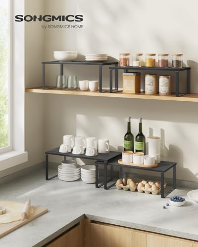 SONGMICS Cabinet Organizer Shelf, Set of 4 Kitchen Counter Shelves, Kitchen Storage, Spice Rack, Stackable, Expandable, Metal and Engineered Wood, Ink Black and Ebony Black UKCS028B01 - color: Ink Black + Ebony Black, size: 15.6"W