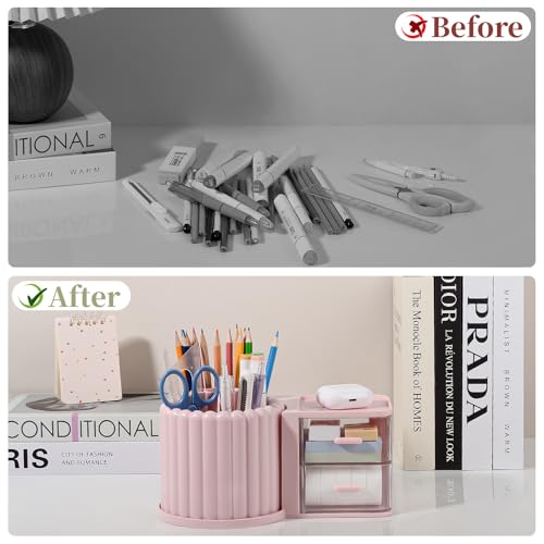 Anyoifax 360° Rotating Pen Holder 7 Slots Desk Organizer with Drawer Removable Pencil Cup Plastic Art Supplies and Accessories Desktop Storage Box Caddy for Office, School, Home (Green) - style: Pink+Drawer
