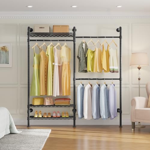 Timate F2 Industrial Pipe Clothes Rack Wall Mounted Clothing Rack for Hanging Clothes, Expandable Garment Racks Heavy Duty Wardrobe Closet Organizer and Storage, Black Adjustable Industrial Closet Kit - color: Black, style: Timate F2
