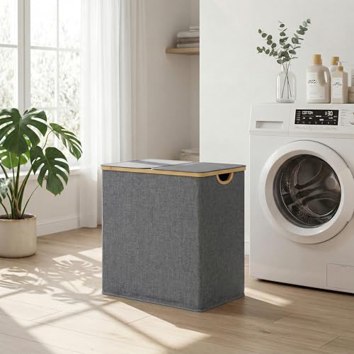 efluky Laundry Hamper with Lid, Double Laundry Hamper with 2 Removable Bags, 2 Section Laundry Basket with Bamboo Handles for Bathroom, Bedroom & Laundry Room, 140L (36.9 Gallon) Blue Grey - color: Blue Grey, size: 140L Dual