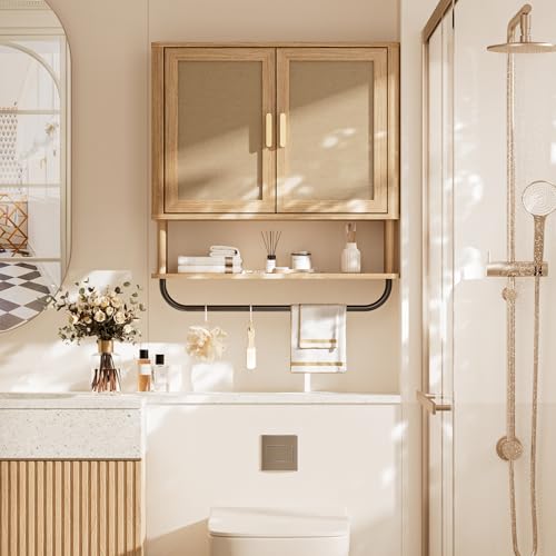 INNOD Rattan Bathroom Wall Cabinet with Towel Bar, Wall-Mounted Medicine Cabinet with Adjustable Wood Shelf & Doors, Over the Toilet Storage Cabinet for Laundry Room & Kitchen & Living Room - color: Rubberwood