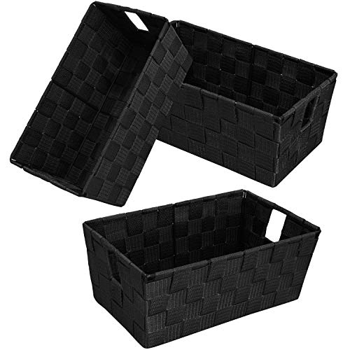 Woven Black Storage Baskets Shelf Tote Boxes Container, Durable Storage Organizer Bins with Built-in Handles for Bedroom, Office, Closet, Kids Room, Nursery, 3-Pack,11.4”x 6.5”x 4.5” - color: Woven Strap Black, size: 3 Pack