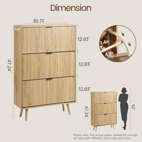 FurSch Fluted Shoe Storage Cabinet with 3 Flip Drawers, Narrow Shoe Rack Cabinet Organizer with Adjustable & Removable Shelves for Entryway (All Natural, 3 Drawers) - color: All Natural, size: 3 Drawers