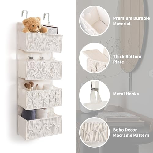 ANTIS'S HOME Nursery Over The Door Organizer Boho Decor Nursery Storage with 4 Large Woven Pockets, Macrame Nursery Organizers and Toys Storage, Behind Door for Bathroom, Bedroom - size: Beige-4 Pockets