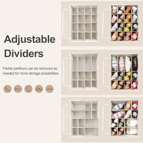 TOPIA HOME Shoe Organizer for Closet, Foldable Shoe Box with Adjustable Dividers and Clear Cover, Space Saving Shoe Storage Organizer Cabinet with Reinforced Handles, Fits 16 Pairs, Beige TP09Y - color: Beige, size: Large(20.87''L x 16.54''W x 13.5''H)