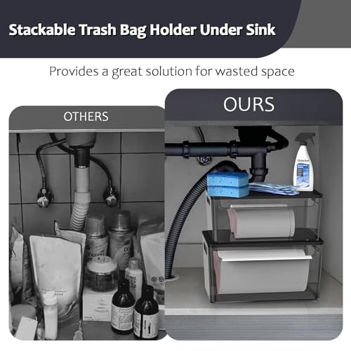 COAZEX 2 Pack Trash Bag Holder Under Sink Stackable, Plastic Garbage Bag Dispenser with Lid, Trash Bag Storage Dispenser Roll Holder for Kitchen, Pantry, Laundry Room Organization (Black) - color: B-Black