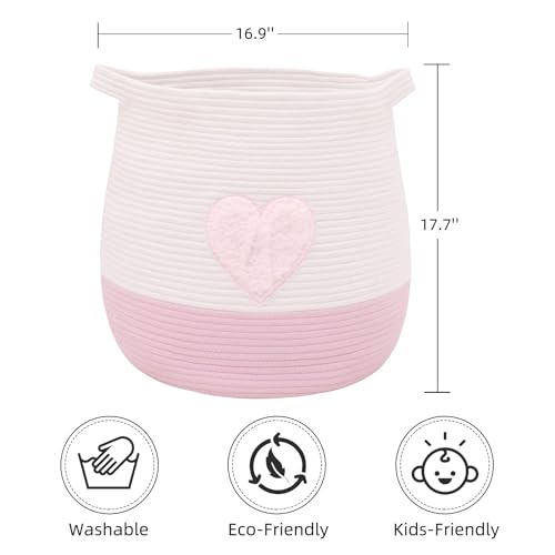 Large Cotton Rope Basket, Woven Storage Basket for Toy, Laundry and Blanket Organizer Basket, Round Hamper Basket with Handles for Kid's Room 17.7"x16.9" (Pink Heart) - color: pink, style: Cottage