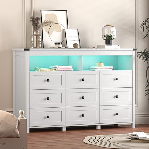 Dresser for Bedroom with 9 Drawers, Wide Modern Chest of Drawers with LED Light and Power Outlet, Wooden Closet Organizer Clothes Storage Cabinet, Double Dressers for Living Room, Hallway, White - color: White, size: 15.8"D x 59.1"W x 39.4"H (9 Drawers)