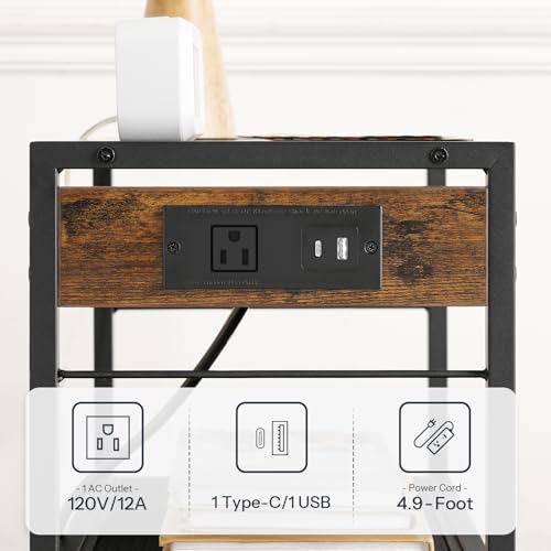 HOOBRO Industrial Printer Stand, 3-Tier Mobile Printer Table, Rolling Cart with Power Outlets and USB Ports, Home Printer Stand with 2 Hooks, for Office, Living Room, Rustic Brown BF22UPS01 - color: Rustic Brown + Black