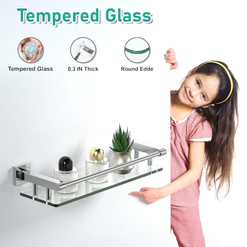 Glass Shelves for Wall, Chrome Stainless Steel & Tempered Glass Glass Shelf for Bathroom, Shelf Sink Over Toilet Bathroom Organizer (16-inch, Polished) - color: Chrome Polished, size: 16'' with Railing