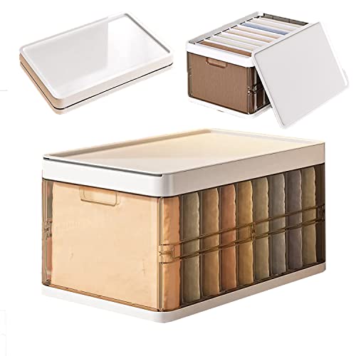 Stackable Wardrobe Clothes Organizer, Jeans Compartment Plastic Storage Box with Detachable Dividers lid, Wardrobe Clothes Cabinet for Toys Snacks Books, Clear Brown (9 Grids)