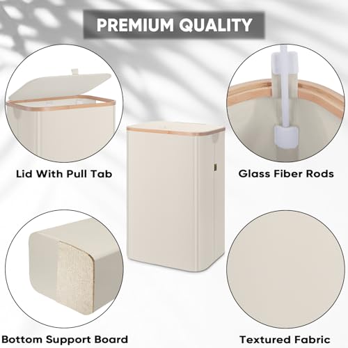 BALEINE Laundry Hamper with Lid, Tall Laundry Baskets with Bamboo Pull Handles, Large Laundry Bin with Internal Support (18 Gal/70L, Beige) - color: Beige, size: 70 liters