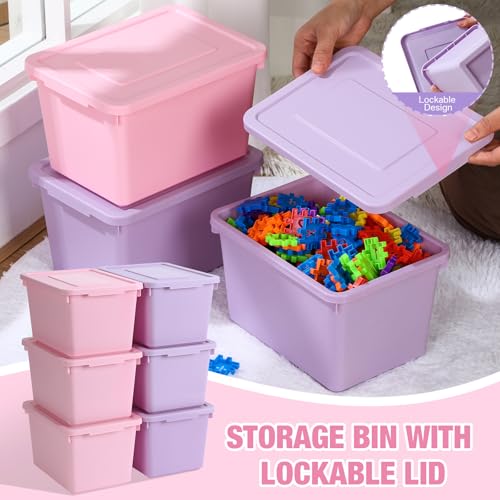 Potchen 6 Pack Cute Plastic Storage Bins with Lids Decorative Stackable Storage Boxes 9.8" ×7.3" ×5.7" Small Storing Totes for Organizing Craft Office Supplies (Pink,Purple) - color: Pink, Purple
