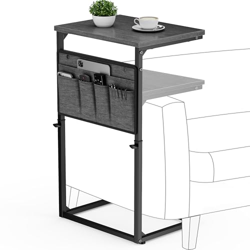 Vagusicc C Shaped End Table, 32'' Tall Side Table for Couch, Adjustable Height Small Couch Side Table for Small Spaces, C Table Slide Under Sofa Table TV Tray Arm Table for Living Room Bedroom - color: Charcoal Gray