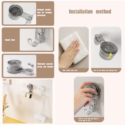Broom Holder Mop Hanger(2pcs Racks & Hook Set),Wall Mount Organization Rack,No Drill Suction Cup Adjustable Organizer with Hooks for Bathroom Kitchen Garage Laundry Room (Grey)