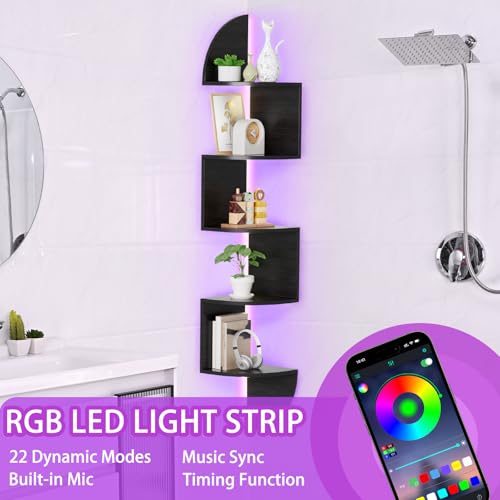 Waipfaru Corner Shelf, 5 Tier Bookshelf with LED Light, Corner Shelf Wall Mounted, Floating Shelves for Wall, Display Stand for Bedroom, Living Room, Bathroom, Home, Office, Black - color: Black