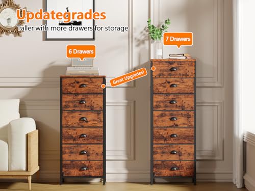 Furnulem Bedroom Dresser with 7 Drawers,Tall Industrial Fabric Chest of Drawers, Vertical Storage Tower Bedside Furniture in Living Room,Closet,Entryway-Sturdy Steel Frame(Rustic Brown) - color: Rustic Brown, size: 11.8"D x 15.8"W x 43.3"H (7 Drawers)