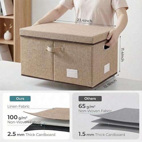 PRANDOM Storage Bins with Lids [3-Pack] Jute Fabric Foldable Storage Boxes Organizer Containers Baskets Cube with Cover for Home Bedroom Closet Office Nursery khaki（23.4X15.9X11.5 - color: Khaki, size: XL(3-Pack)