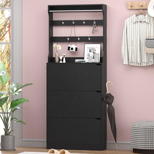 BORNOON Shoe Cabinet with 3 Flip Drawers & Coat Rack, Narrow Hidden Shoe Storage Cabinet, 2-in-1 Hall Tree Slim Freestanding Shoe Rack Organizer for Entryway, Hallway, and Living Room - color: Black, size: 3-Drawer with Rack