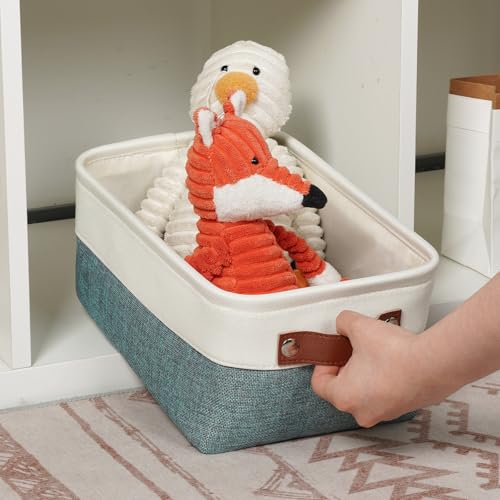 DULLEMELO Small Storage Bin,Small Fabric Rectangular Storage Basket for Shelves,Foldable Bin with Handles for Toy and Clothes Storage (White&Dark Green,1 PACK) - color: White&Dark Green, size: Small-11.8"x7.9"x5.1"