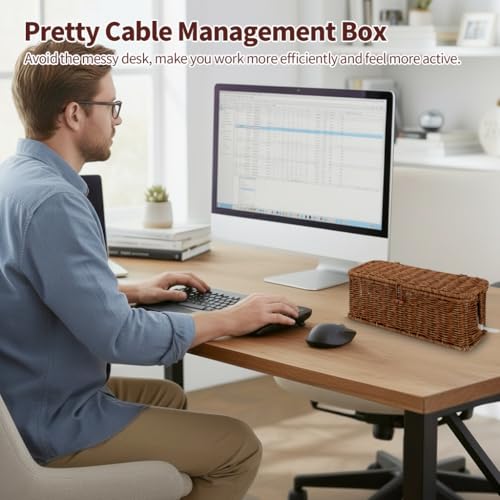 Cable Management Box, Desk Handwoven Rattan Cord Hider Cable Organizer Box With Lid Button Lock, Power Strip Cover Wicker Decorative Basket, Floor Wire Hiding Extension Cord Box (dark brown) - color: Brown