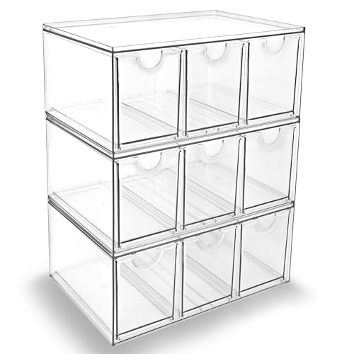 Prsildan Acrylic Makeup Organizer, 3 Pack Stackable Storage Drawers with 9 Drawers for Office Desk Vanity Craft Room Clear Drawer Organizers for Hair Accessories Art Supplies Cosmetics Modular System - style: Style3-9Drawers