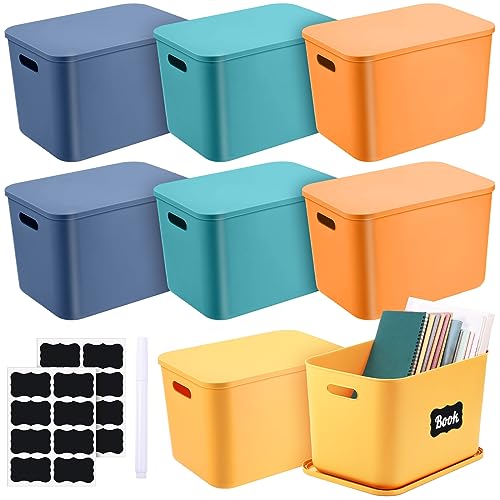 Tanlade 8 Pcs Plastic Storage Bins Stackable Baskets with Lid and Handle Colorful Desktop Storage Box Cubby Containers for Shelf Bedroom Office, Include 1 Erasable Marker, 16 Stickers (14 x 10 x 9 In) - size: 14 x 10 x 9 in