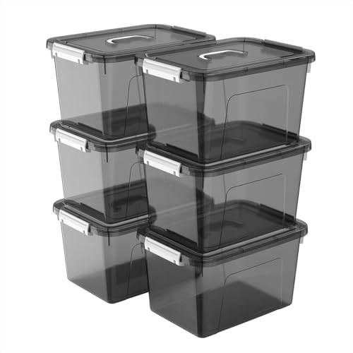 Stackable Plastic Black Storage Bins with Lids 6 Pack, 12 Quart Modular Organizer Boxes with Secure Latches for Closet, Pantry, Office and Small Item Storage - color: Black, size: 12 QT