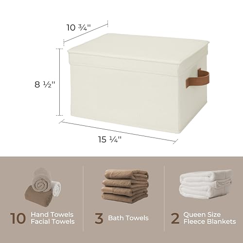 StorageWorks Storage Basket with Lid, Decorative Storage Boxes with PU Handles, Stackable Fabric Storage Bins for Closet, Shelves, Ivory, Large, 3-Pack - color: Ivory, size: Large