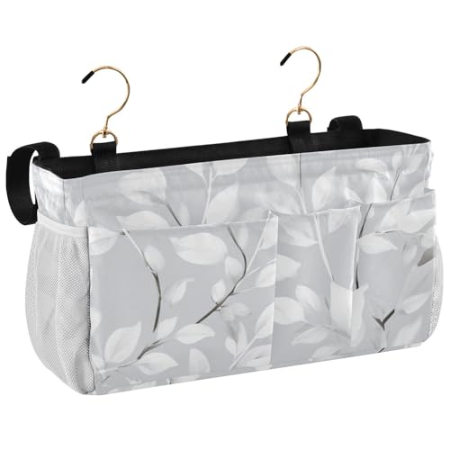 Bedside Caddy Metal Frame Hanging Organizer Bunk Bed Dorm Accessories Hook And Loop Storage Bag Large Pockets Light Grey Leaves - color: Light Grey Leaves