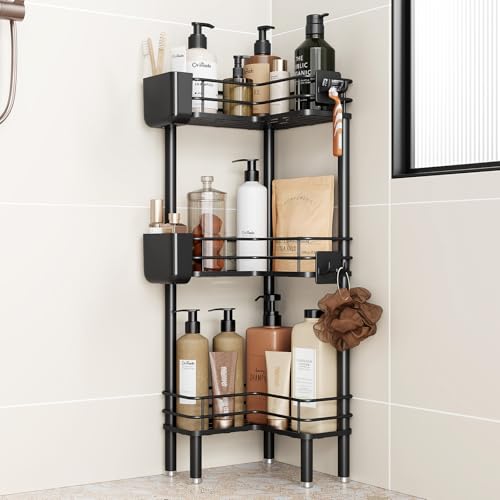 Orimade Rustproof 3 Tier Floor Standing Corner Shower Caddy Organizer with Toothbrush Holder, Large Spacing Floor Shower Shelf Rack Storage Stands with Hooks for Bathroom Kitchen, Black - color: Black, size: 3 Tier