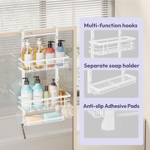 SWTYMIKI Over The Door Shower Caddy - 3 Tier Rustproof Hanging Shower Organizer with Adjustable Shelves, 28 Hooks & Soap Holder, Hanging Shower Rack Storage for Bathroom Accessories, White - color: White-3 Tier