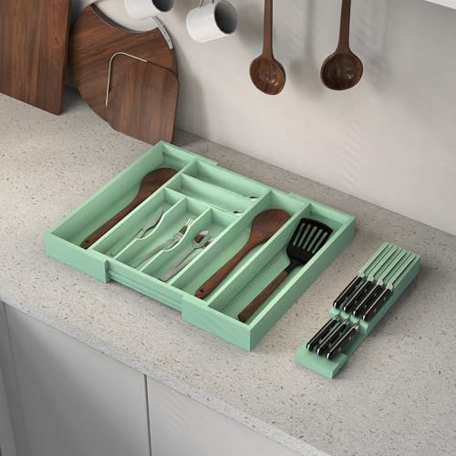 Bamboo Kitchen Drawer Organizer, Expandable Silverware Organizer with Removable Knife Block, 6-8 Slots- Utensil Holder & Cutlery Tray Drawer Dividers, 2.36" Deep for Extra Capacity, Cyan - color: Cyan