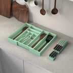Bamboo Kitchen Drawer Organizer, Expandable Silverware Organizer with Removable Knife Block, 6-8 Slots- Utensil Holder & Cutlery Tray Drawer Dividers, 2.36" Deep for Extra Capacity, Cyan - color: Cyan