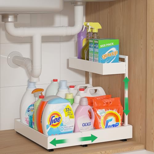 REALINN Expandable Under Sink Organizers and Storage, 2 Tier Under Cabinet Organizer, Heights Adjustable Pull Out Rack for Kitchen Bathroom Laundry, White, 1 Pack - color: White, size: 1 Pack