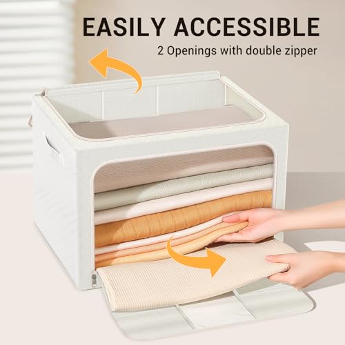Clothes Storage Bins with Metal Frame, Foldable Clothes Organizers Storage Containers for Clothes, Sheets, Blankets, Pillows and Towels (24L, 3 Pack) Beige - color: Beige, size: 24L（15.7“X11.81"X7.87")