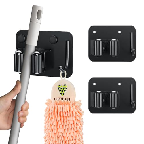 JAMEND CLXP 2-Pack Broom Holder with Heavy Duty Hooks, Upgraded Stainless Steel Mop Hanger. Wall Mount Utility Tool Rack for Kitchen Garden Laundry Garage. Matte Black. - color: 2PCS-Matte Black+Hook