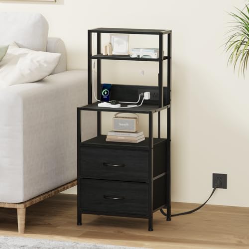 Furnulem Night Stand, Tall Nightstand with 4-Tier Shelves, 2 Fabric Drawers and Led Lights, Bed Side Tables with Charging Station, Bedside Table for Bedroom, Office, Black Oak | 4-Tier Shelves, 2 Fabric Drawers, Light Tube, Bed Side Tables, Charging Stati