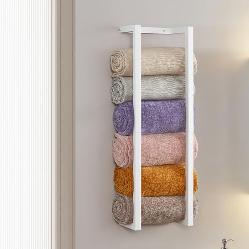 Towel Rack for Rolled Towels, Towel Rack for Bathroom,Wall Mounted Metal Bathroom Organizer, Bath Towel Holder Wall for Modern Small Space Bathroom Towel Storage (White) - color: White