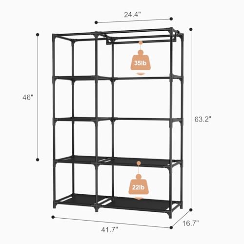 Portable Closets for Hanging Clothes, Wardrobe Closet with Hanging Rod and Clothing Storage Shelves, 8 Side Pockets, Free Standing Clothes Rack with Cover, for Bedroom and Dorm, Black - color: Black, size: 2 Row - 41.7' Wide