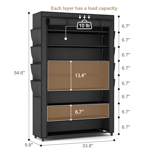 VILICK Shoe Rack with Cover, 8 Tier Tall Shoe Organizer Storage for 36-45 Pair Shoes and Boots Large Shoe Storage Shelf Free Standing Shoe Rack for Closet, Front Door Entrance, Dorm, Garage - color: Black, size: 33.8"W-8 Tier