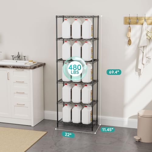 SINGAYE Shelf Closet Wire Shelving：Adjustable Metal Unit for Laundry Room Organization Bathroom Kitchen Home Storage Pantry Rack Shelves - color: Black, size: 6Tier-11.45"Dx22"Wx69.4"H