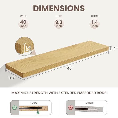 Acovy Floating Shelves for Wall,40 Inch Long Floating Shelves Set of 2,9.3" Deep Floating Shelf for Home Decor,Wall Mounted Bookshelf Large Display Storage Shelf for Bedroom Office Bathroom,Oak - color: Oak, size: 40 Inch,Set of 2