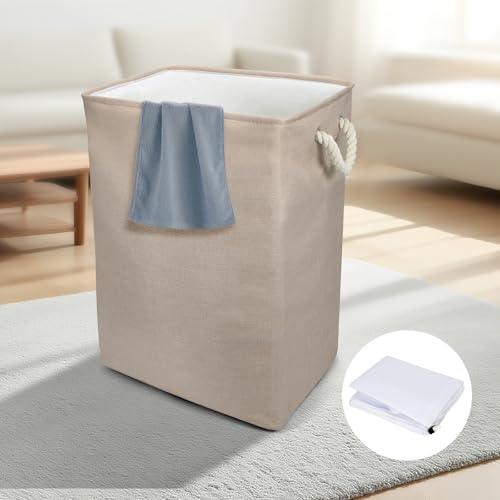 Collapsible Linen Look Fabric large Storage & Laundry Hamper with Drawstring - Durable Laundry Basket Laundry Bag Foldable Space Saving Basket Toy Basket, Dust Proof & Stackable, Beige
