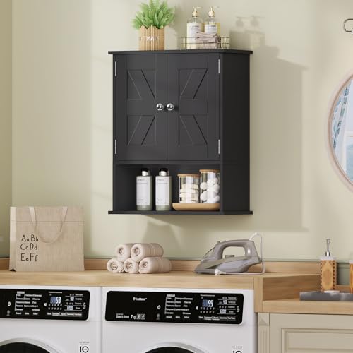 TEENFON Bathroom Wall Cabinet, Over The Toilet Space Saver Storage Cabinet with Barn Doors & Adjustable Shelf, Hanging Medicine Cabinet, Black UNGGX003HV1 - color: Black