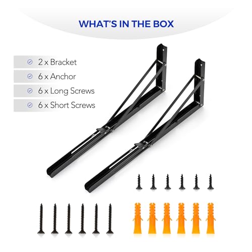 Ravinte 2 Pack 18 Inch Folding Shelf Brackets – Matte Black, Heavy Duty Collapsible Brackets for Tables and Benches – Space-Saving Design - size: 18 Inch