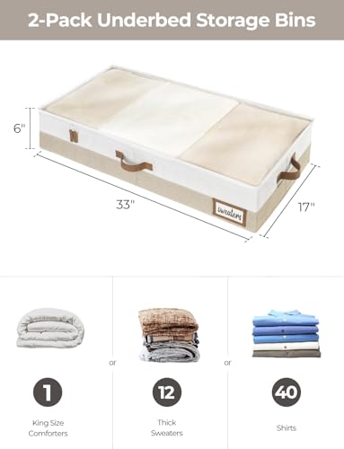 StorageWorks Large Under Bed Storage Containers with Handles and Label Holder, 2 Pack Ultra-thick Fabric Underbed Bins, Closet Organizer for Clothes, Blankets, Sweater - color: Brown & White, size: Large-without Wheels