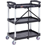 VEVOR Foldable Utility Service Cart, 165LBS 3 Shelf Heavy Duty Plastic Rolling Cart with 360° Swivel Wheels (2 with Brakes), Ergonomic Handle, Portable Garage Tool Cart for Warehouse Office Home