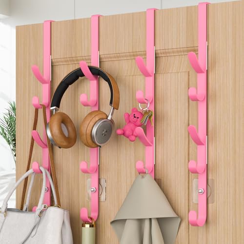 Over The Door Hooks, Metal Door Hooks for Hanging, Over The Door Purse Organizer for Coat Hanger, Back of Shower Door for Hanging Towel Rack Clothes, Hat, Bathroom, Closet (Pink-4Packs) - color: Pink, size: 4 Pack