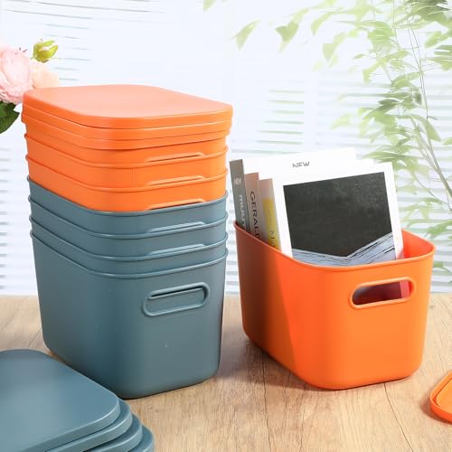 Hoolerry 8 Pieces Colorful Storage Bins with Lid, Plastic Storage Basket Organizing Container Stackable Box with Handle for Shelves Desktop Playroom Office(10.2 x 7 x 6.3 Inch,Blue and Orange) - color: Blue and Orange, size: 10.2 x 7 x 6.3 Inch